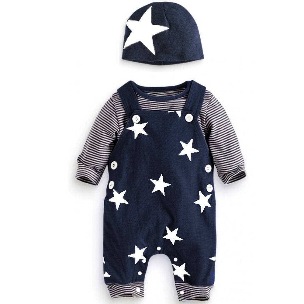 Boys Spring Star Suit Overalls Trousers + Long-sleeved T-shirt + Hat Three-piece Set